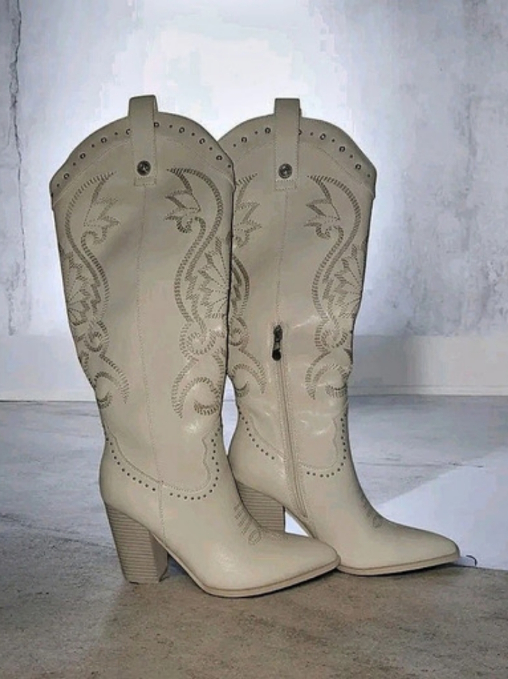 Studded Western Cowboy Boots Cream